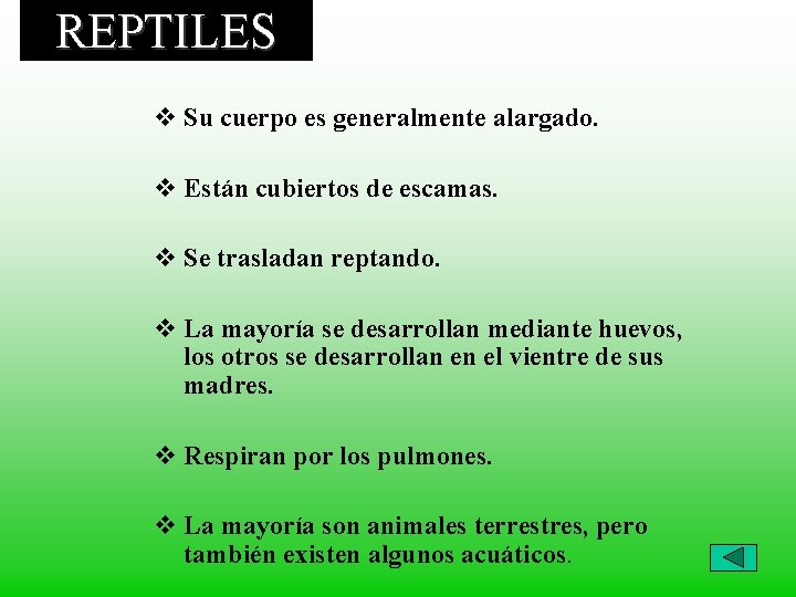 REPTILES v Su cuerpo es generalmente alargado. v Están cubiertos de escamas. v Se