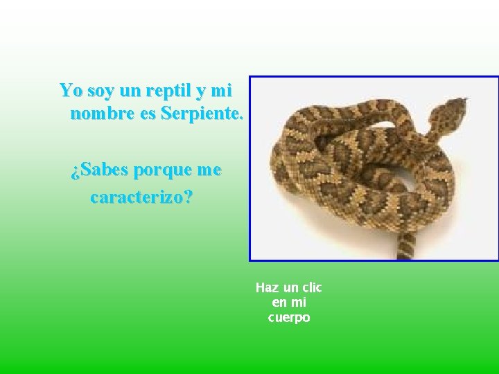 Yo soy un reptil y mi nombre es Serpiente. ¿Sabes porque me caracterizo? Haz