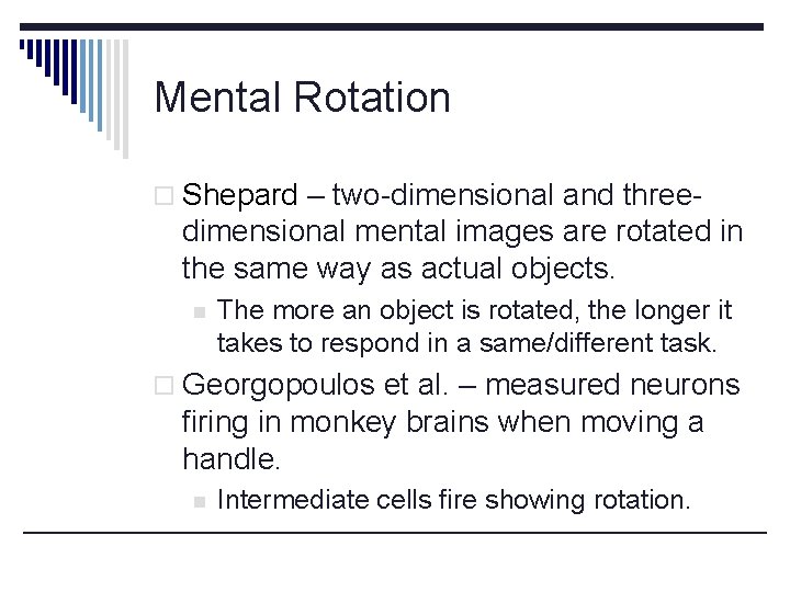 Mental Rotation o Shepard – two-dimensional and three- dimensional mental images are rotated in