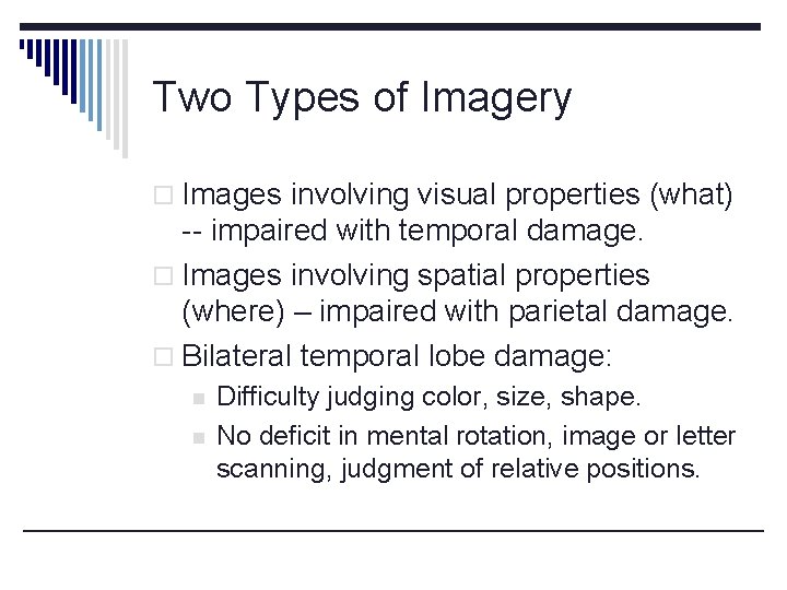 Two Types of Imagery o Images involving visual properties (what) -- impaired with temporal