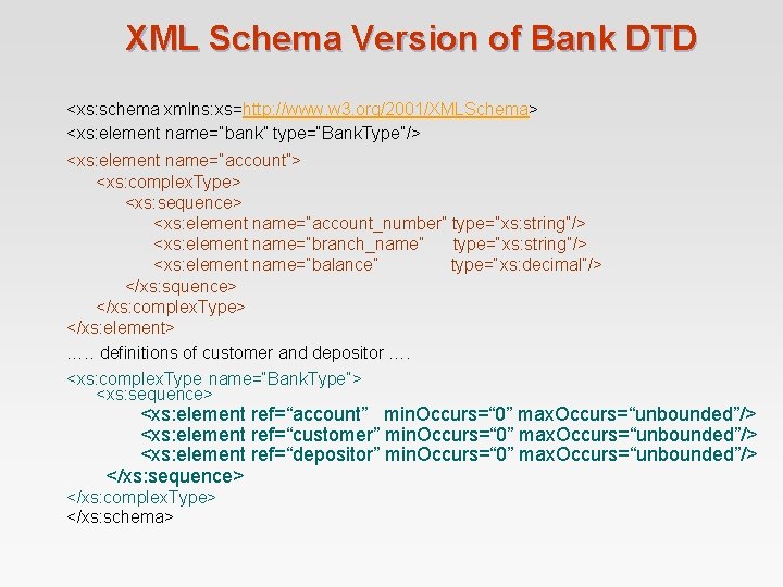 XML Schema Version of Bank DTD <xs: schema xmlns: xs=http: //www. w 3. org/2001/XMLSchema> XML Schema Version of Bank DTD <xs: schema xmlns: xs=http: //www. w 3. org/2001/XMLSchema>