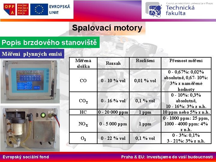 Spalovací motory Popis brzdového stanoviště Měření plynných emisí Měřená složka Evropský sociální fond Rozlišení