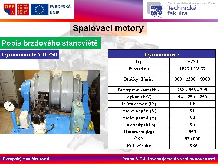 Spalovací motory Popis brzdového stanoviště Dynamometr VD 250 Evropský sociální fond Dynamometr Typ Provedení