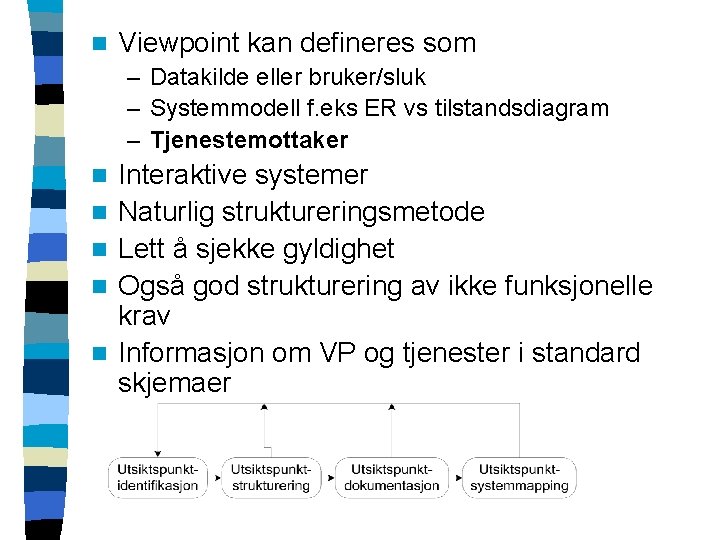 n Viewpoint kan defineres som – Datakilde eller bruker/sluk – Systemmodell f. eks ER