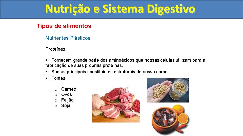 Nutrição ee Sistema Digestivo Tipos de alimentos Nutrientes Plásticos Proteínas § Fornecem grande parte