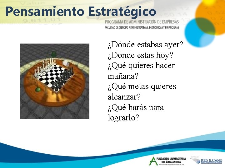 Pensamiento Estratégico ¿Dónde estabas ayer? ¿Dónde estas hoy? ¿Qué quieres hacer mañana? ¿Qué metas