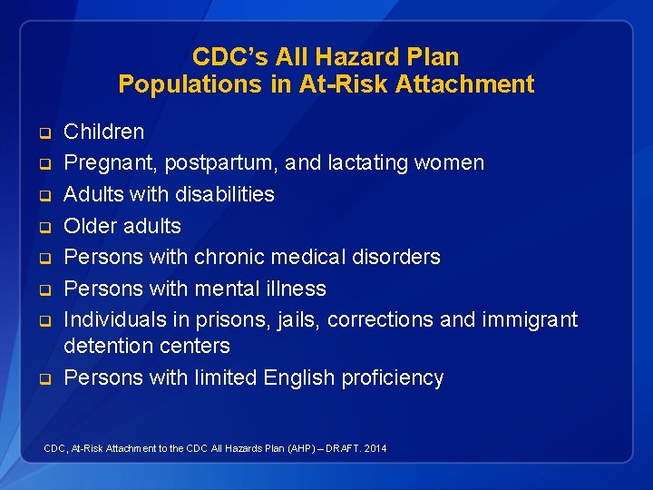 CDC’s All Hazard Plan Populations in At-Risk Attachment q q q q Children Pregnant,