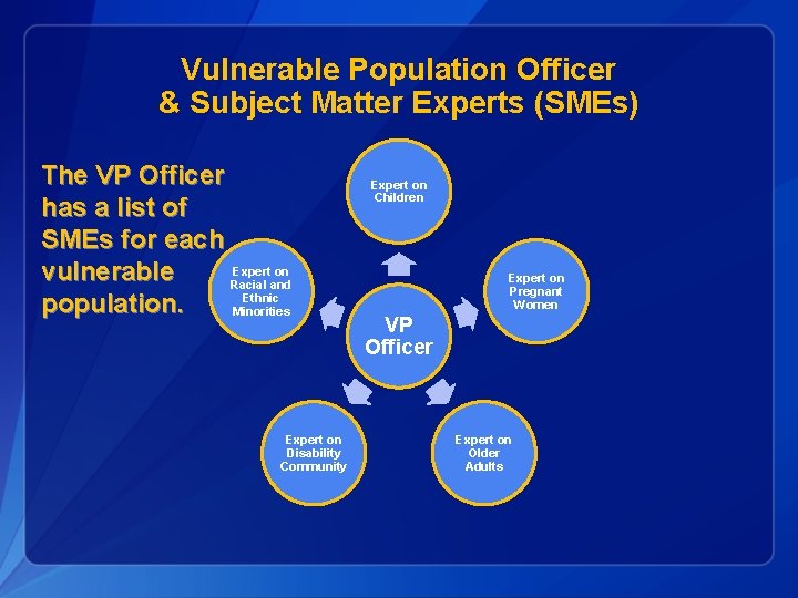 Vulnerable Population Officer & Subject Matter Experts (SMEs) The VP Officer has a list