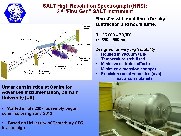 SALT High Resolution Spectrograph (HRS): 3 rd “First Gen” SALT Instrument Fibre-fed with dual