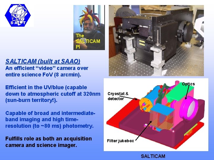 The SALTICAM PI SALTICAM (built at SAAO) An efficient “video” camera over entire science