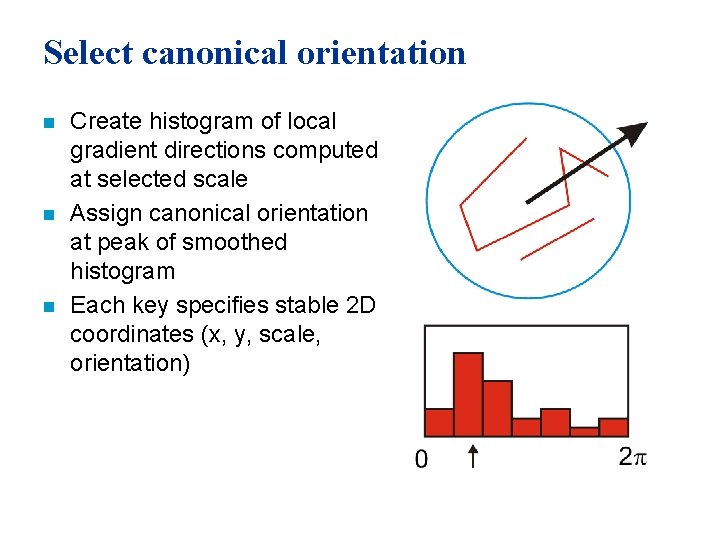 Select canonical orientation n Create histogram of local gradient directions computed at selected scale