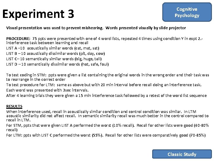 Experiment 3 Cognitive Psychology Visual presentation was used to prevent mishearing. Words presented visually