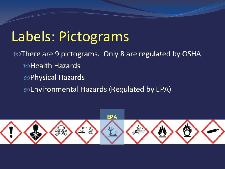 Labels: Pictograms There are 9 pictograms. Only 8 are regulated by OSHA Health Hazards