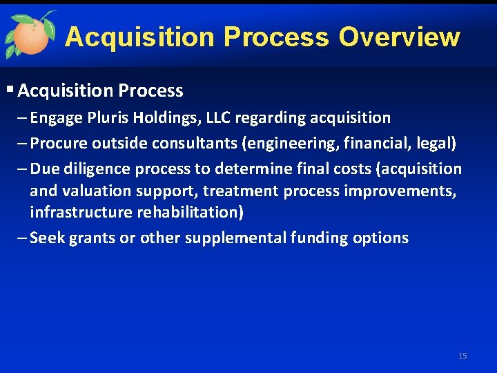 Acquisition Process Overview § Acquisition Process – Engage Pluris Holdings, LLC regarding acquisition –