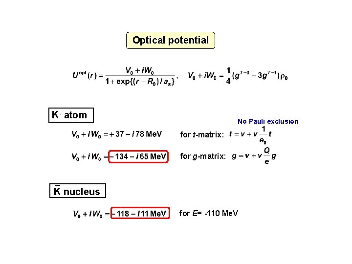 Optical potential K- atom No Pauli exclusion for t-matrix: for g-matrix: _ K nucleus