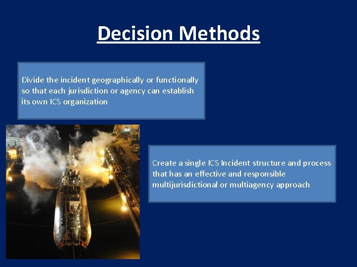 Decision Methods Divide the incident geographically or functionally so that each jurisdiction or agency
