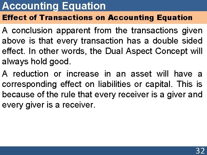 Accounting Equation Effect of Transactions on Accounting Equation A conclusion apparent from the transactions