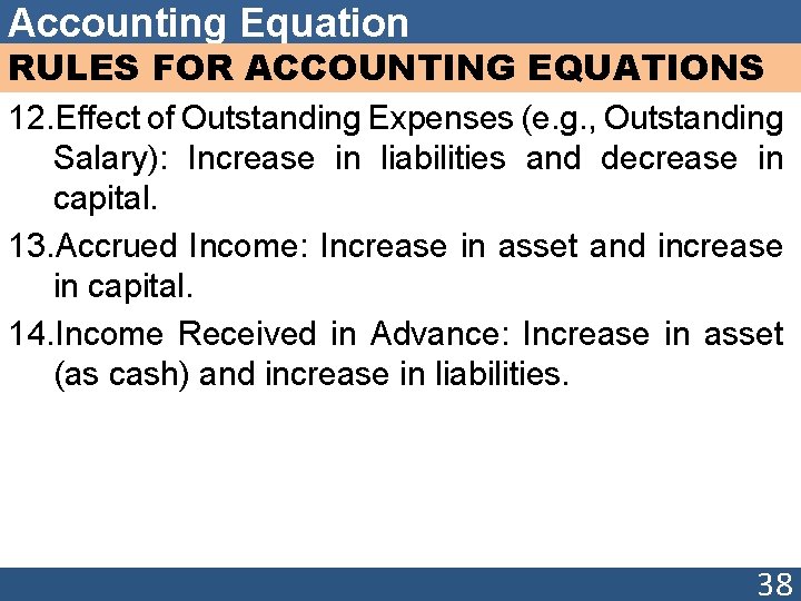 Accounting Equation RULES FOR ACCOUNTING EQUATIONS 12. Effect of Outstanding Expenses (e. g. ,