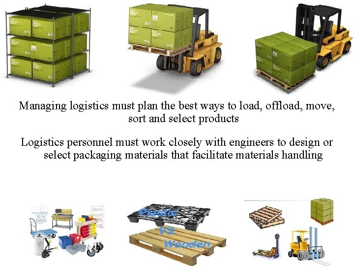 Managing logistics must plan the best ways to load, offload, move, sort and select