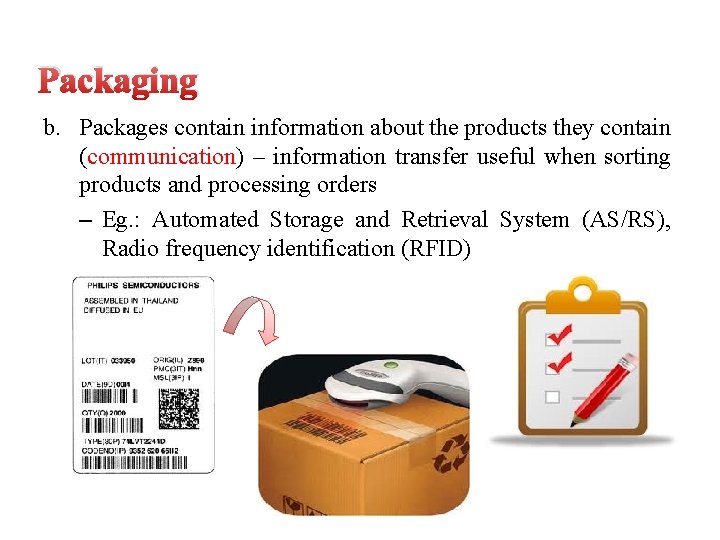 Packaging b. Packages contain information about the products they contain (communication) – information transfer