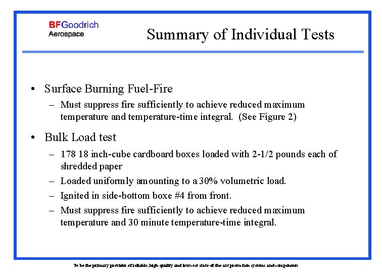 Summary of Individual Tests • Surface Burning Fuel-Fire – Must suppress fire sufficiently to