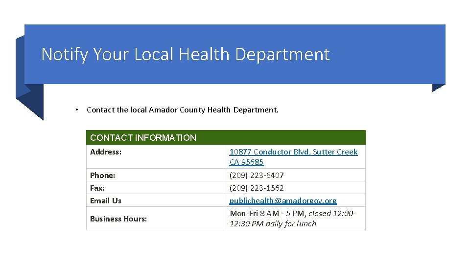 Notify Your Local Health Department • Contact the local Amador County Health Department. CONTACT
