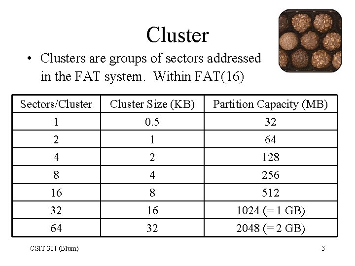 Cluster • Clusters are groups of sectors addressed in the FAT system. Within FAT(16)