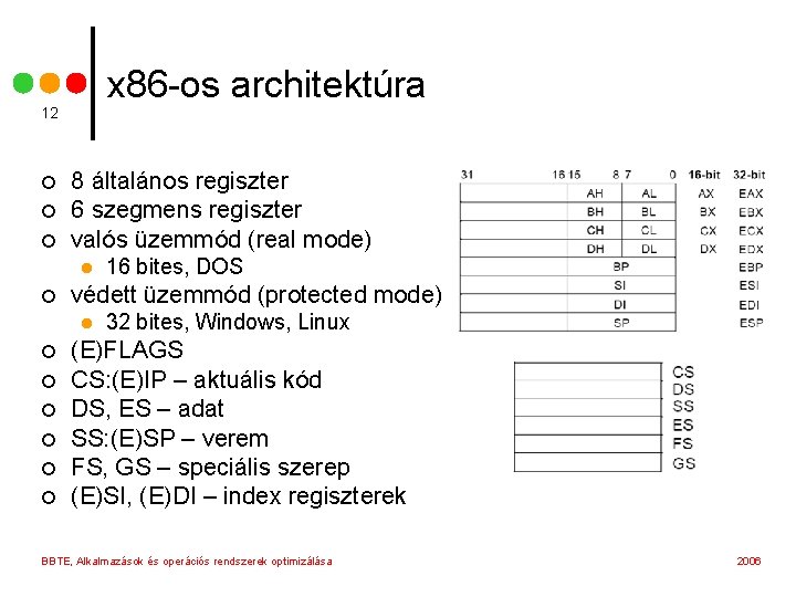 x 86 -os architektúra 12 ¢ ¢ ¢ 8 általános regiszter 6 szegmens regiszter