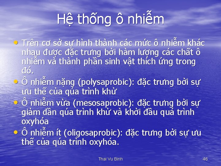 Hệ thống ô nhiễm • Trên cơ sở sự hình thành các mức ô