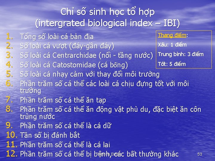 Chỉ số sinh học tổ hợp (intergrated biological index – IBI) 1. 2. 3.