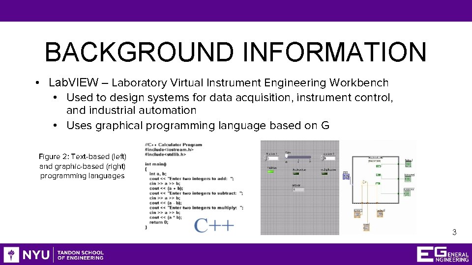 BACKGROUND INFORMATION • Lab. VIEW – Laboratory Virtual Instrument Engineering Workbench • Used to