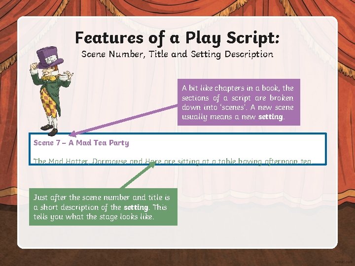 Features of a Play Script: Scene Number, Title and Setting Description A bit like