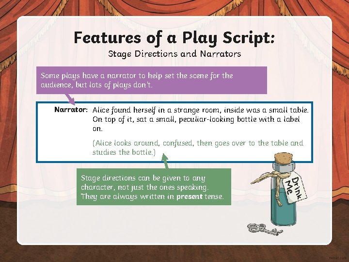 Features of a Play Script: Stage Directions and Narrators Some plays have a narrator