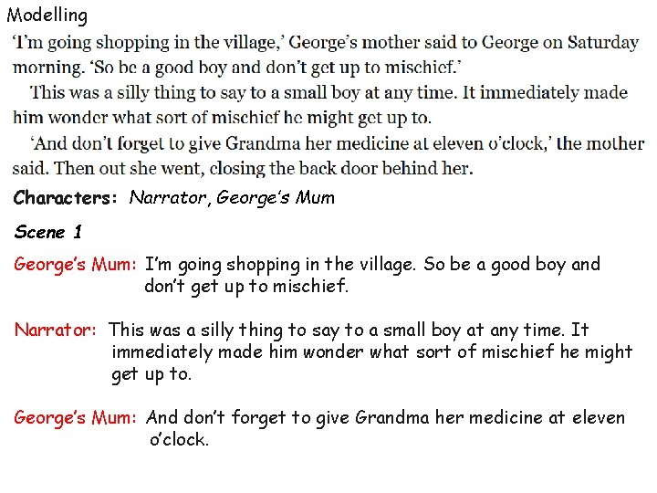 Modelling Characters: Narrator, George’s Mum Scene 1 George’s Mum: I’m going shopping in the