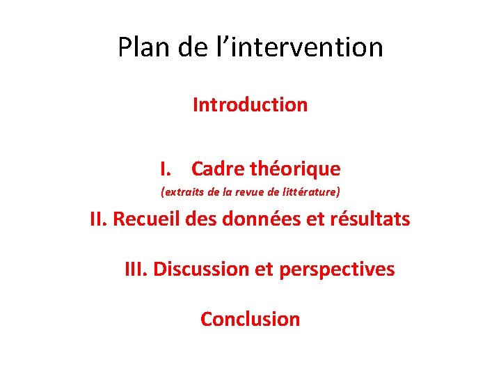 Plan de l’intervention Introduction I. Cadre théorique (extraits de la revue de littérature) II.