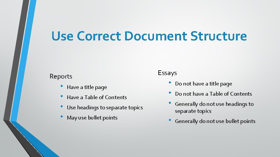 Use Correct Document Structure Reports • • Have a title page Have a Table