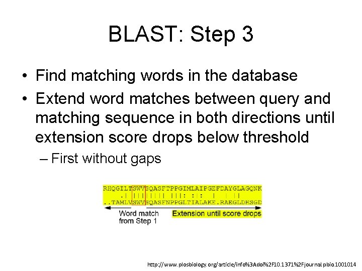 BLAST: Step 3 • Find matching words in the database • Extend word matches