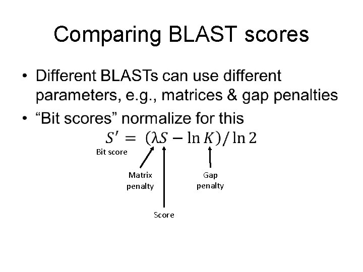 Comparing BLAST scores • Bit score Matrix penalty Score Gap penalty 