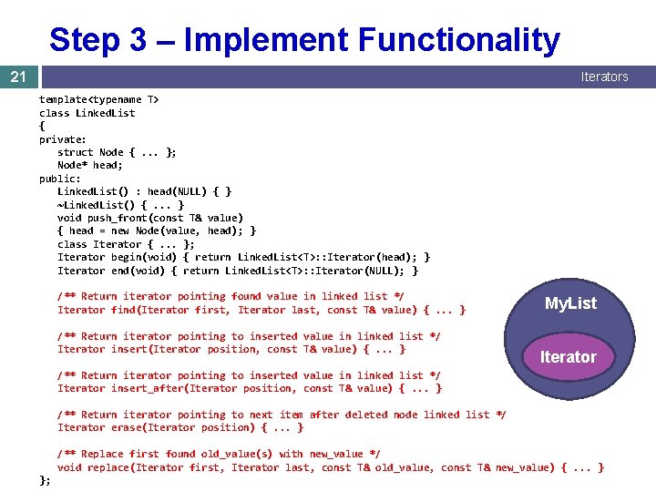 Step 3 – Implement Functionality 21 Iterators template<typename T> class Linked. List { private: