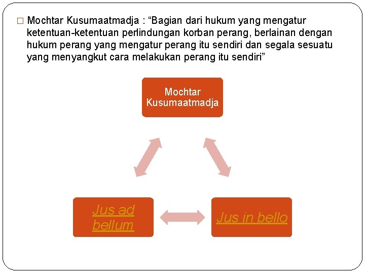 � Mochtar Kusumaatmadja : “Bagian dari hukum yang mengatur ketentuan-ketentuan perlindungan korban perang, berlainan