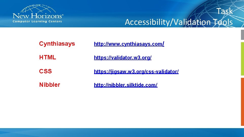 Task Accessibility/Validation Tools Cynthiasays http: //www. cynthiasays. com/ HTML https: //validator. w 3. org/