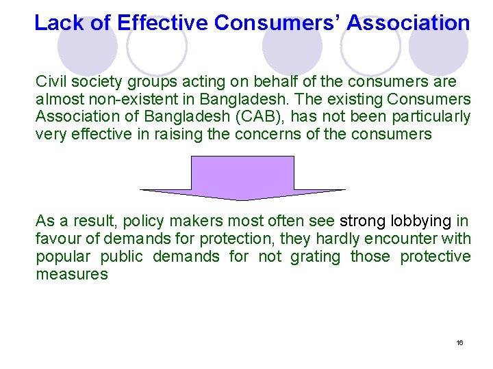 Lack of Effective Consumers’ Association Civil society groups acting on behalf of the consumers