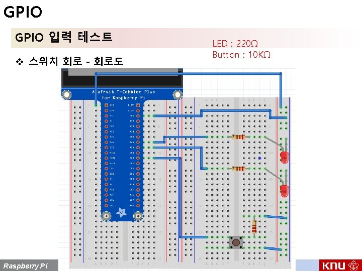 GPIO 입력 테스트 LED : 220Ω Button : 10 KΩ v 스위치 회로 -