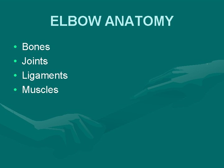 ELBOW ANATOMY • • Bones Joints Ligaments Muscles 