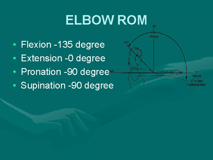 ELBOW ROM • • Flexion -135 degree Extension -0 degree Pronation -90 degree Supination
