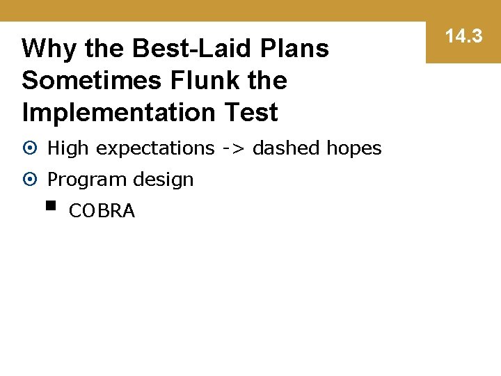 Why the Best-Laid Plans Sometimes Flunk the Implementation Test High expectations -> dashed hopes
