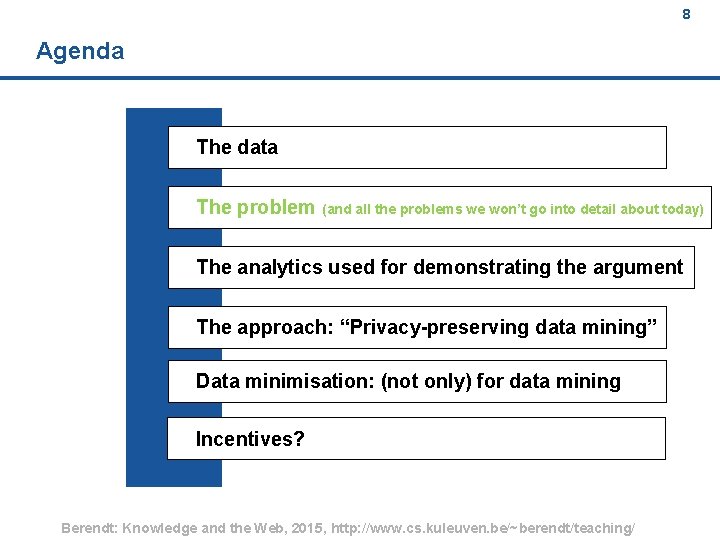 8 Agenda The data The problem (and all the problems we won’t go into