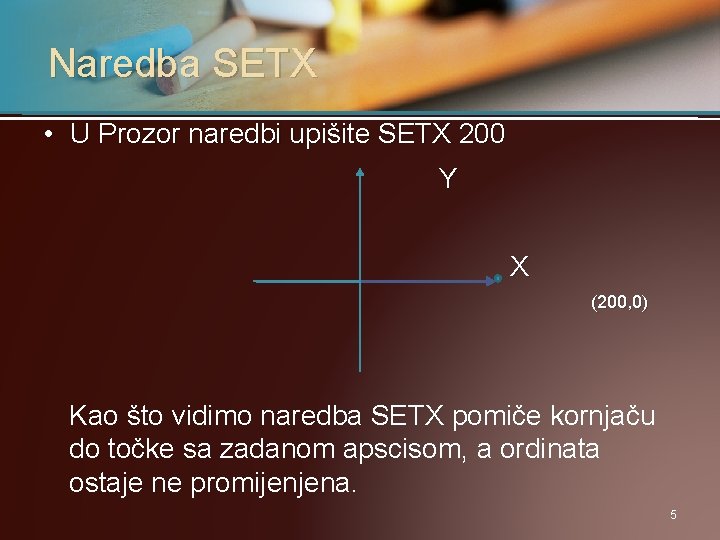 Naredba SETX • U Prozor naredbi upišite SETX 200 Y X (200, 0) Kao