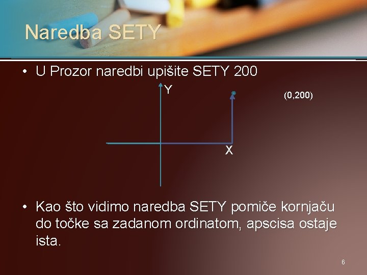 Naredba SETY • U Prozor naredbi upišite SETY 200 Y (0, 200) X •