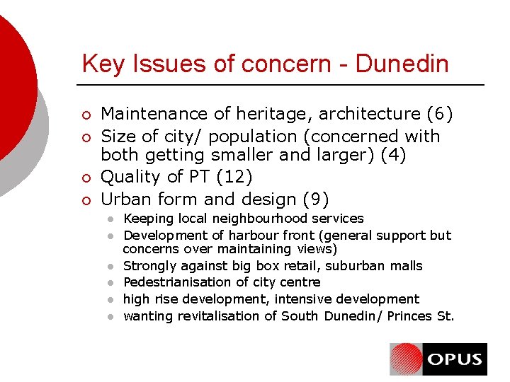 Key Issues of concern - Dunedin ¡ ¡ Maintenance of heritage, architecture (6) Size